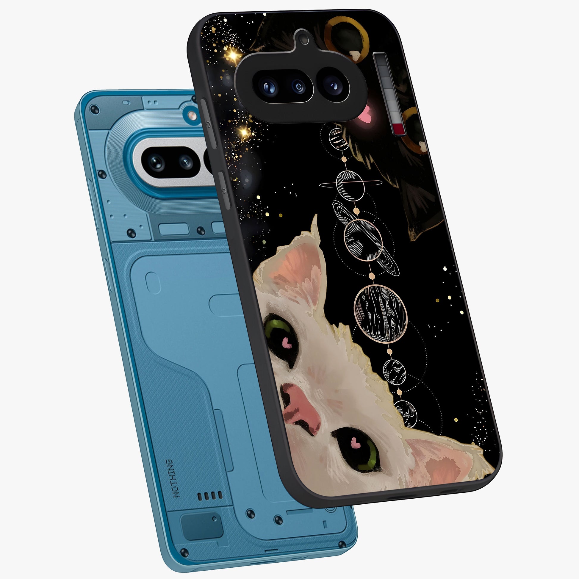 Galactic Cat Glass Case displayed in angled mockup highlighting celestial feline illustration with galaxy aesthetic style.