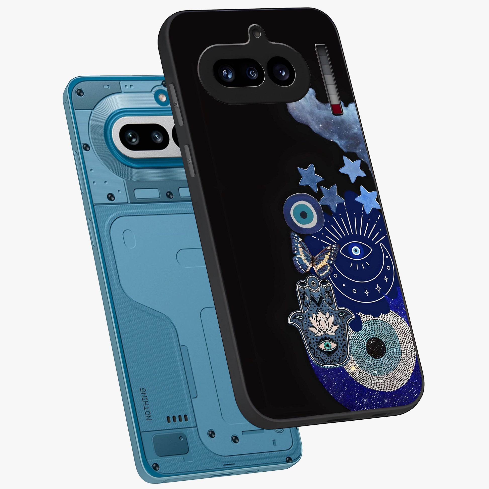 Galactic Charm Cluster Glass Case displayed in angled mockup highlighting luminous galaxy inspired design with dreamy aesthetic.