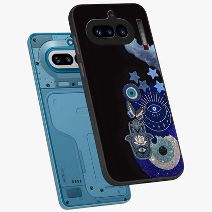 Galactic Charm Cluster Glass Case displayed in angled mockup highlighting luminous galaxy inspired design with dreamy aesthetic.