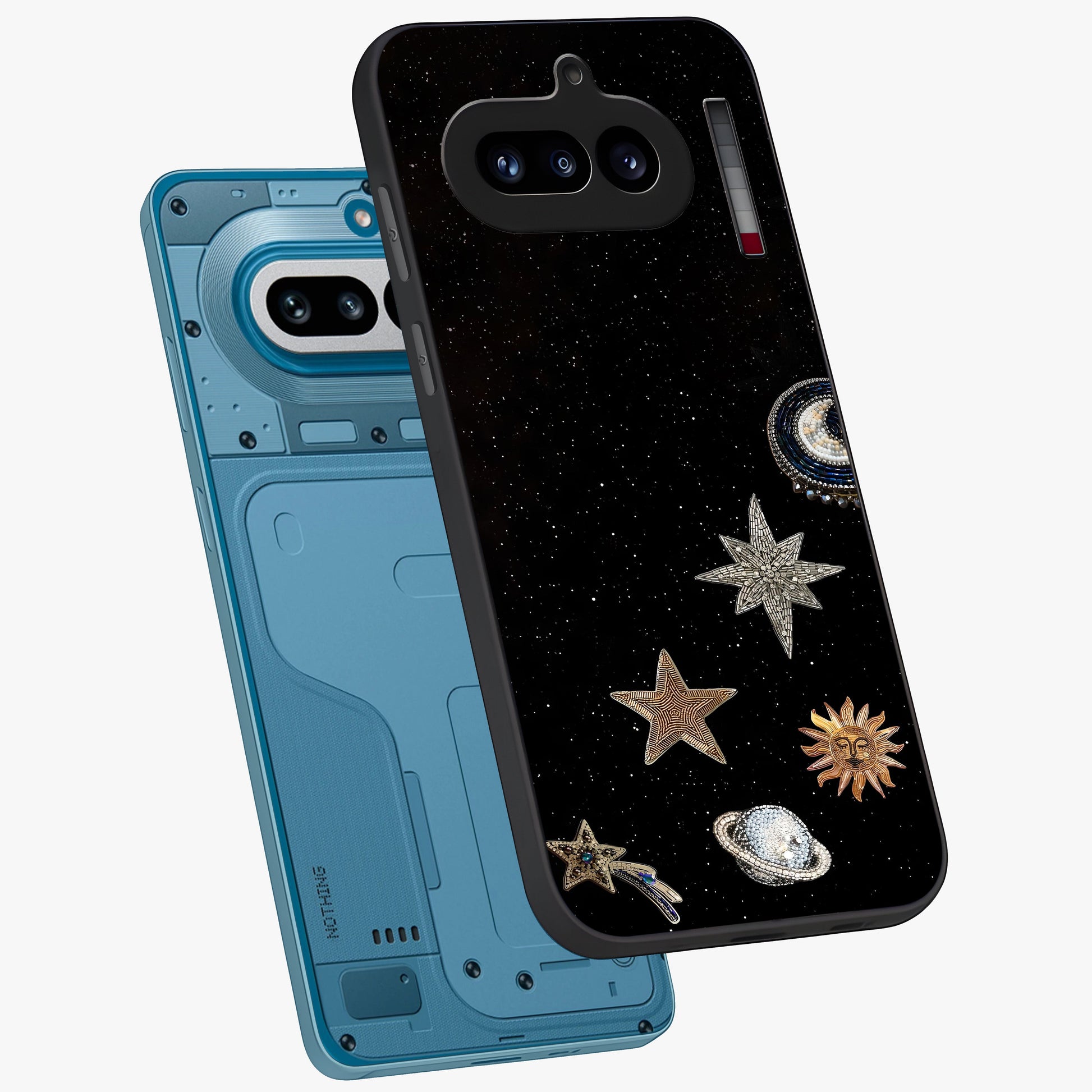 Galactic Charm Glow Glass Case displayed in angled mockup highlighting luminous galaxy inspired design with dreamy aesthetic.
