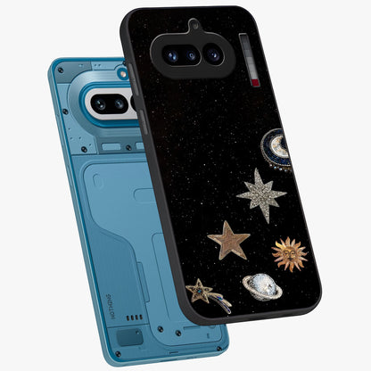 Galactic Charm Glow Glass Case displayed in angled mockup highlighting luminous galaxy inspired design with dreamy aesthetic.