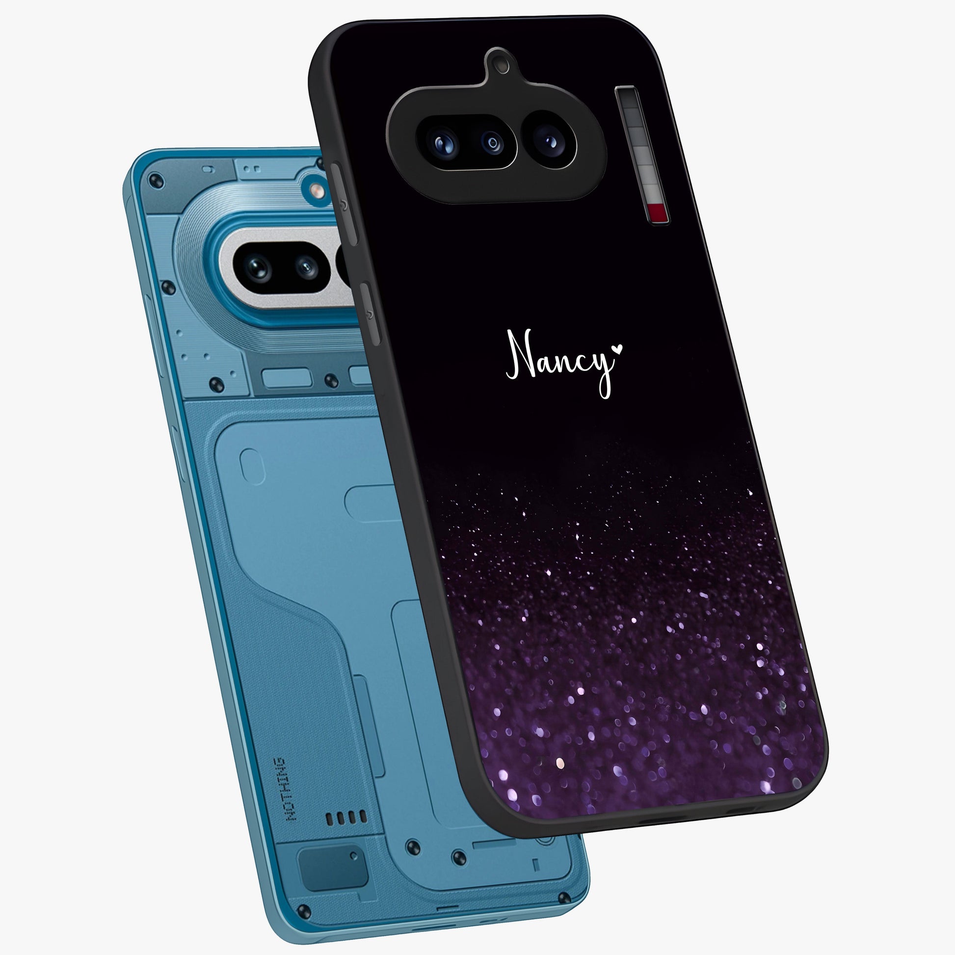 Glittery Purple Bokeh Custom Name Glass Case displayed in angled mockup highlighting glitter bokeh pattern with custom name feature.