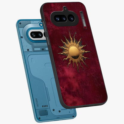 Golden Sun Minimalism Glass Case displayed in angled mockup highlighting clean sun symbol design with modern minimal aesthetic.