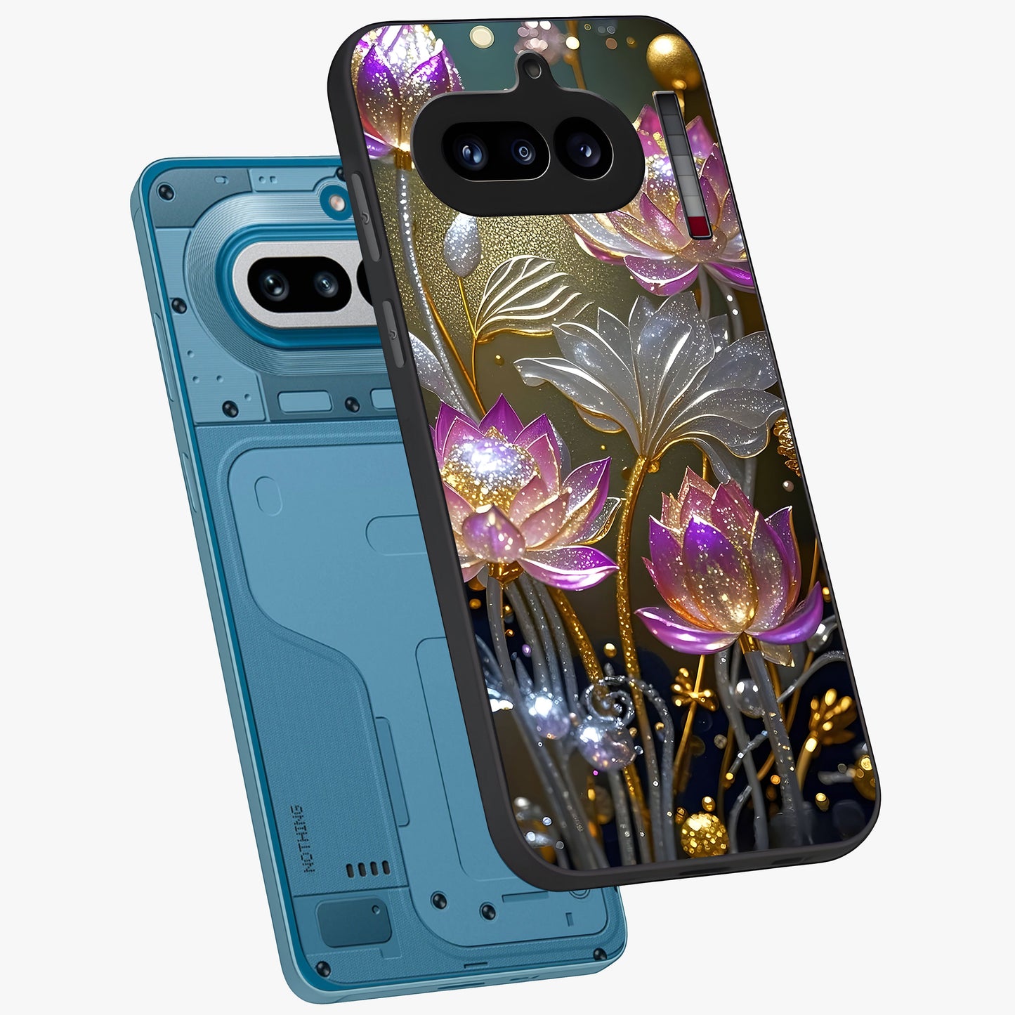 Golden Floral Majesty Glass Case displayed in angled mockup highlighting elegant flower design with royal golden aesthetic.