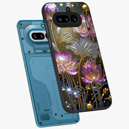 Golden Floral Majesty Glass Case displayed in angled mockup highlighting elegant flower design with royal golden aesthetic.