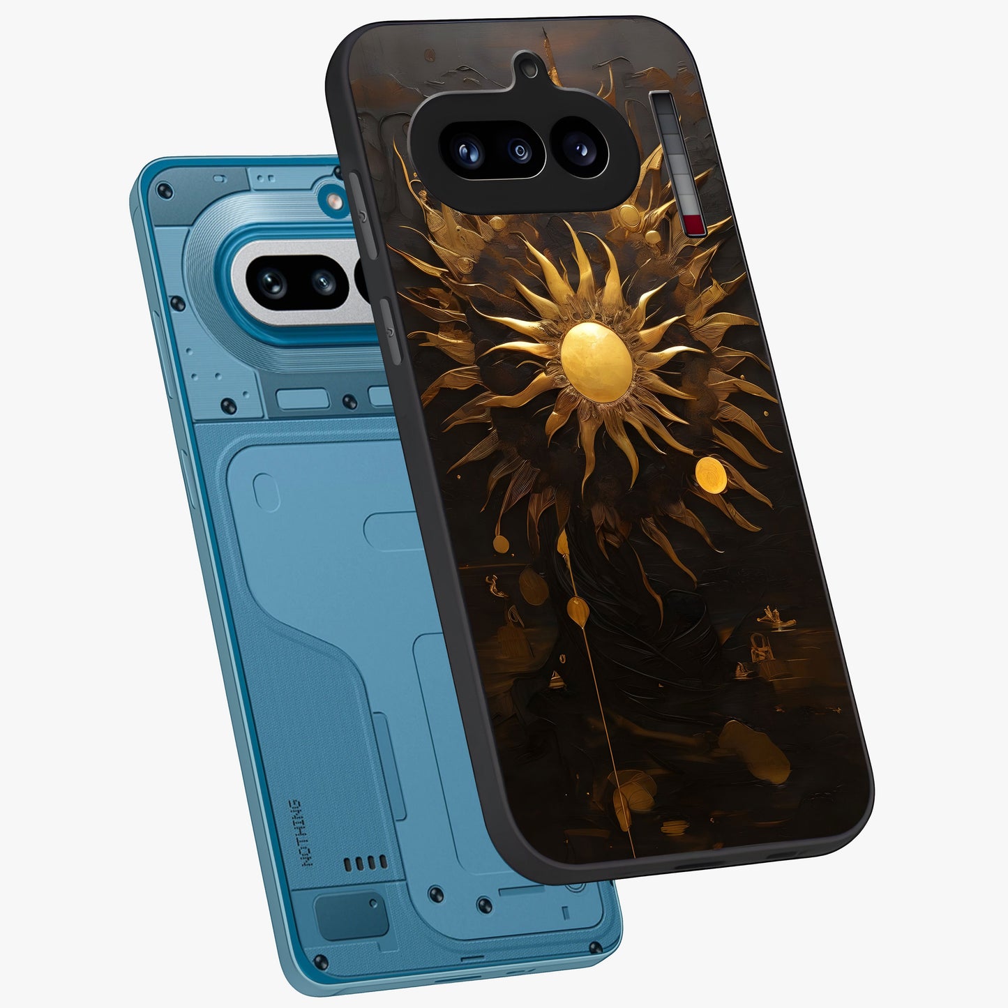Golden Sun Majesty Glass Case displayed in angled mockup highlighting eerie shadow illustration with gothic aesthetic.