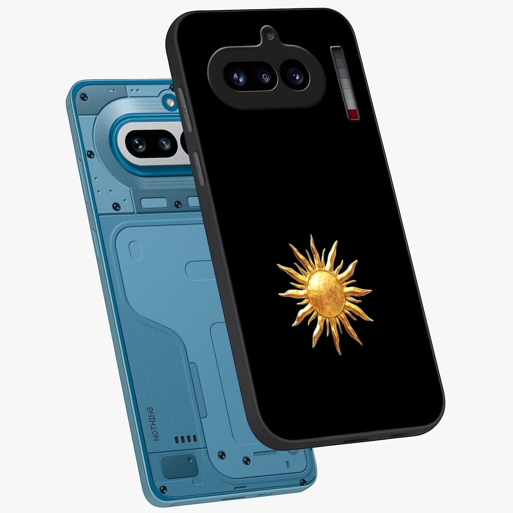 Golden Sun Minimalism Glass Case displayed in angled mockup highlighting eerie shadow illustration with gothic aesthetic.