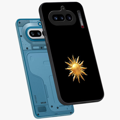 Golden Sun Minimalism Glass Case displayed in angled mockup highlighting eerie shadow illustration with gothic aesthetic.
