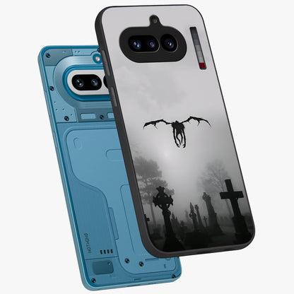Graveyard Shadow Descent Glass Case displayed in angled mockup highlighting eerie shadow illustration with gothic aesthetic.