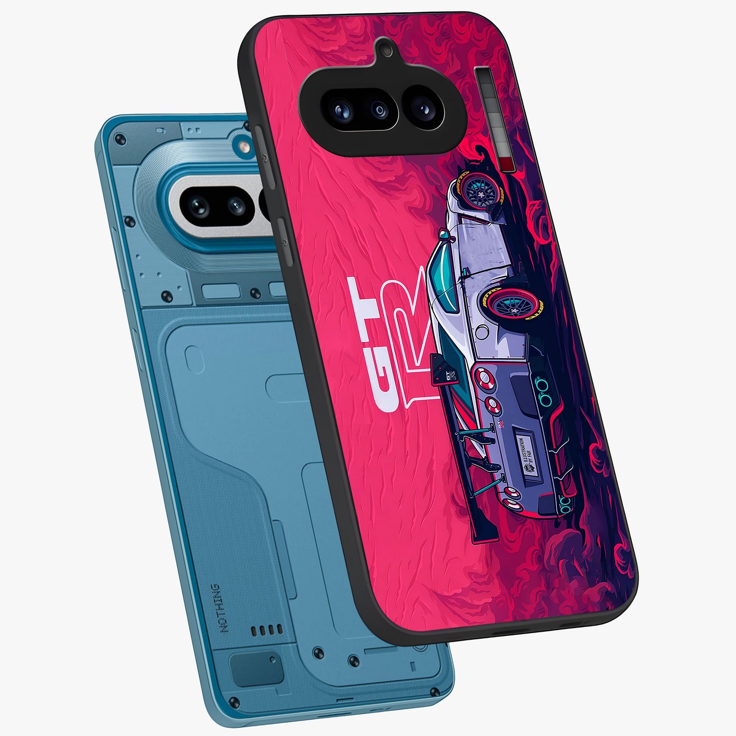 GT-R Car Pattern Glass Case displayed in angled mockup highlighting racing car graphic design with bold automotive aesthetic.