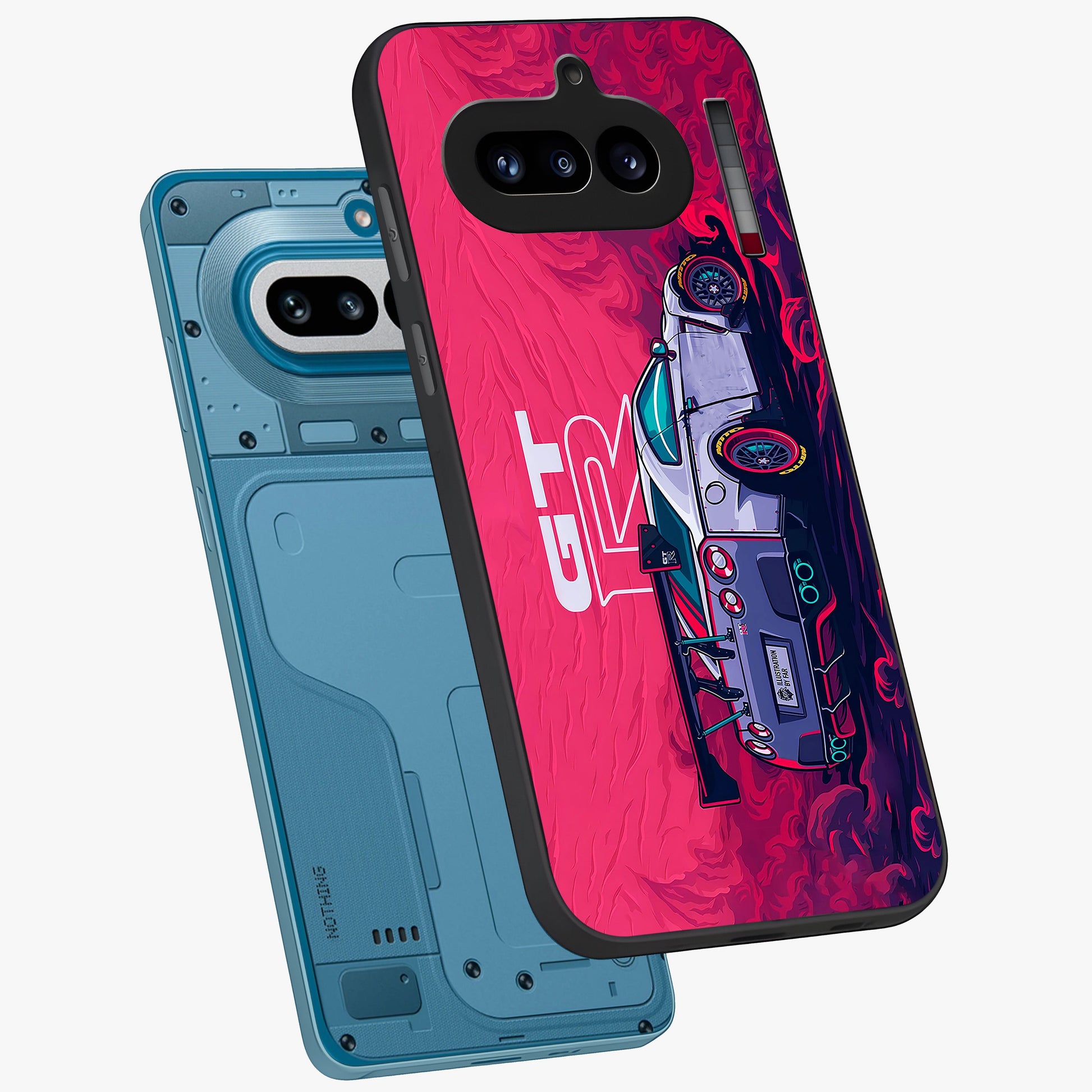 GT-R Car Pattern Glass Case displayed in angled mockup highlighting racing car graphic design with bold automotive aesthetic.