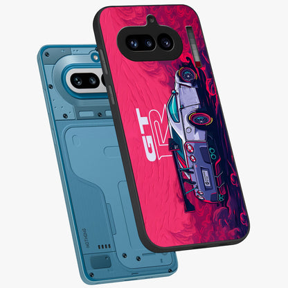 GT-R Car Pattern Glass Case displayed in angled mockup highlighting racing car graphic design with bold automotive aesthetic.