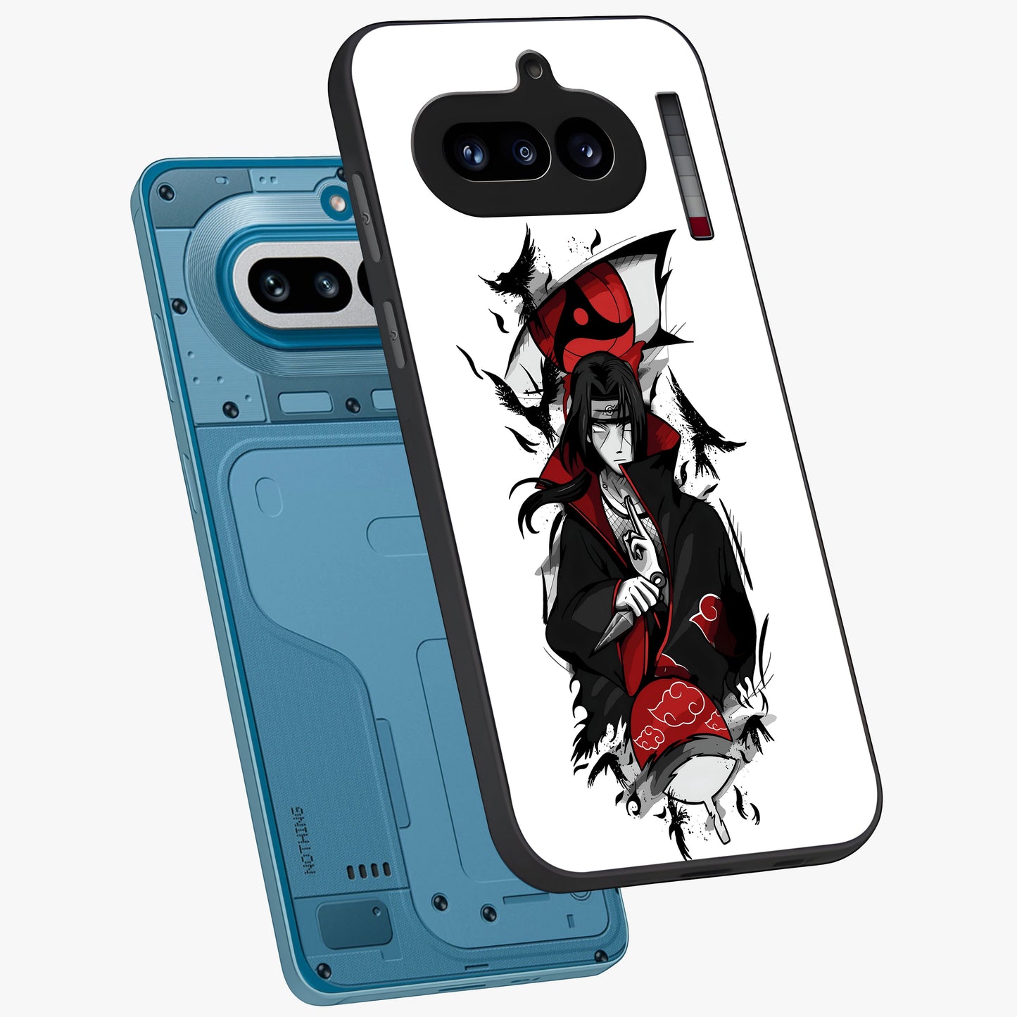 Itachi Limited Edition Naruto Anime Glass Case displayed in angled mockup highlighting dramatic anime illustration with bold action aesthetic.