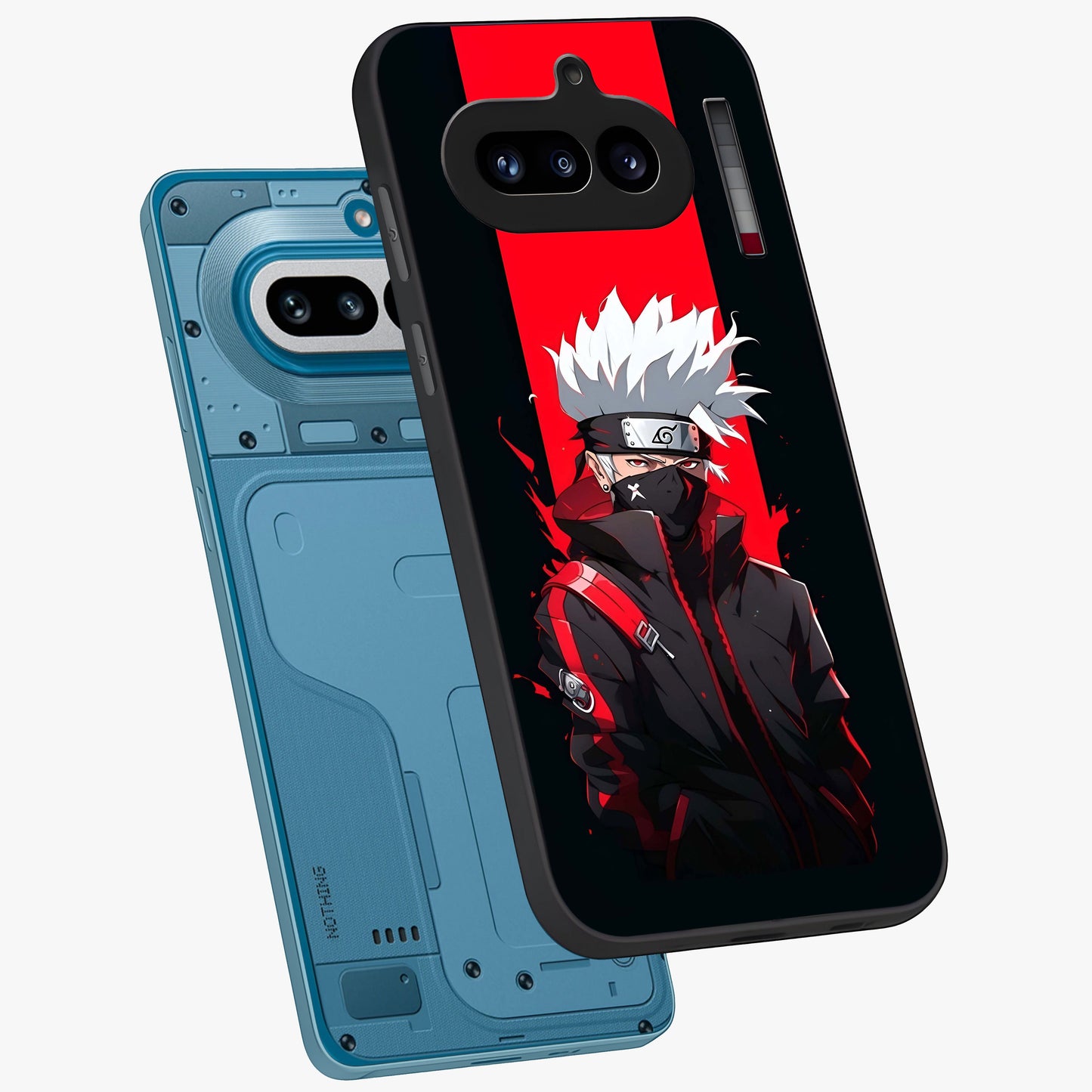 Kakashi Scarlet Shadow Glass Case displayed in angled mockup highlighting dramatic ninja illustration with scarlet themed aesthetic.