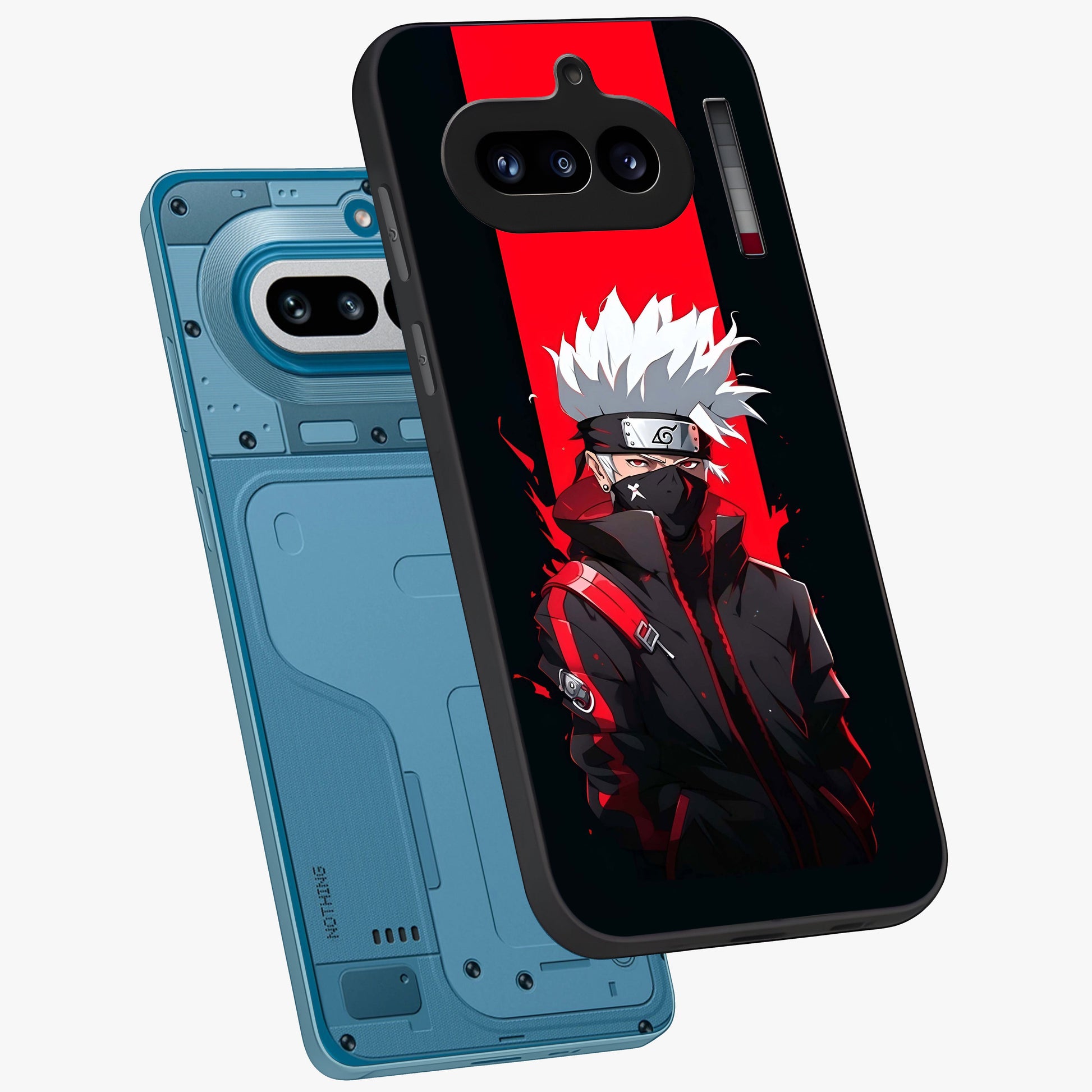 Kakashi Scarlet Shadow Glass Case displayed in angled mockup highlighting dramatic ninja illustration with scarlet themed aesthetic.