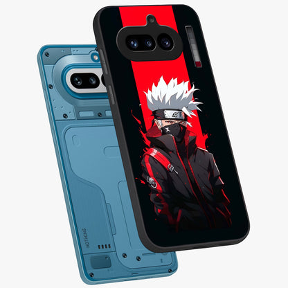 Kakashi Scarlet Shadow Glass Case displayed in angled mockup highlighting dramatic ninja illustration with scarlet themed aesthetic.