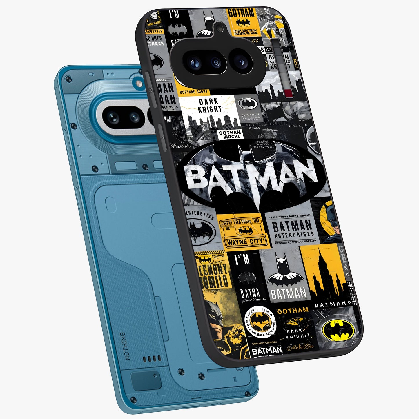 Knight Gotham Rise Glass Case displayed in angled mockup highlighting powerful knight silhouette design with dramatic aesthetic.
