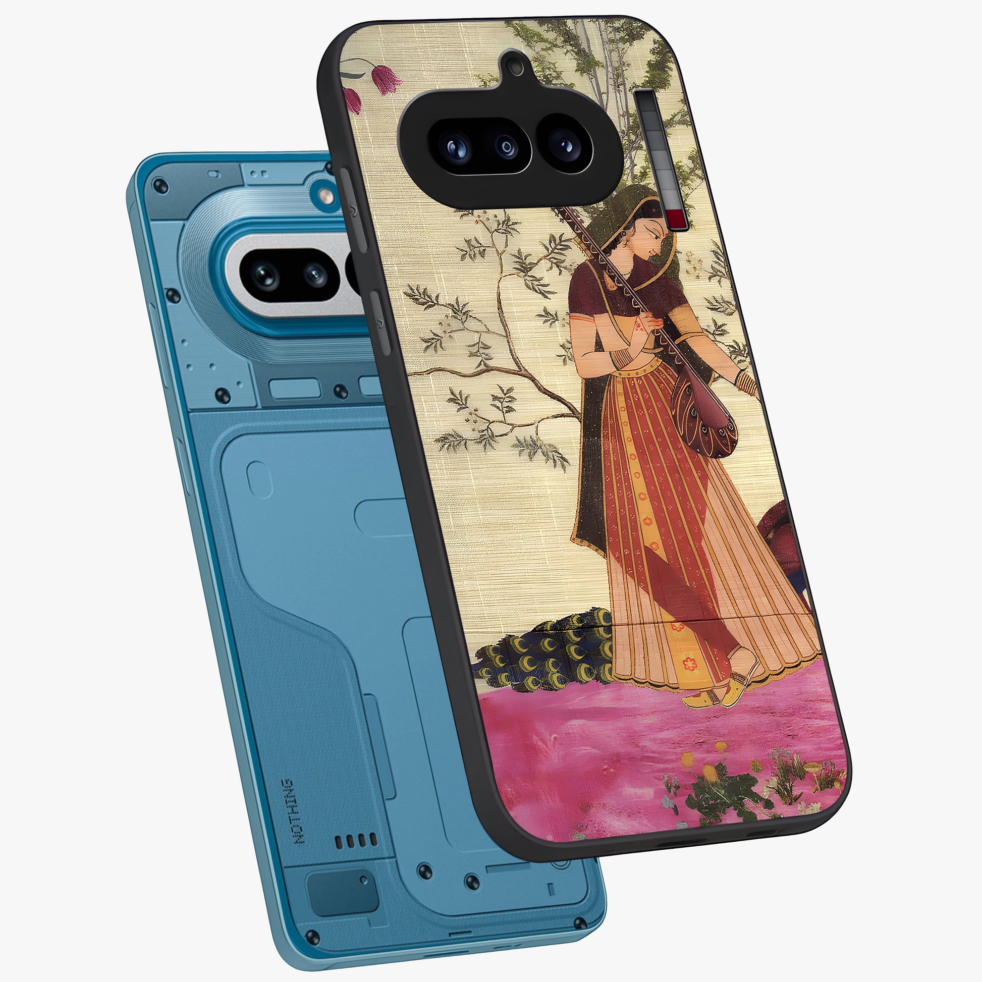 Lady With Veena Art Glass Case displayed in angled mockup highlighting graceful musical illustration with cultural artistic aesthetic.