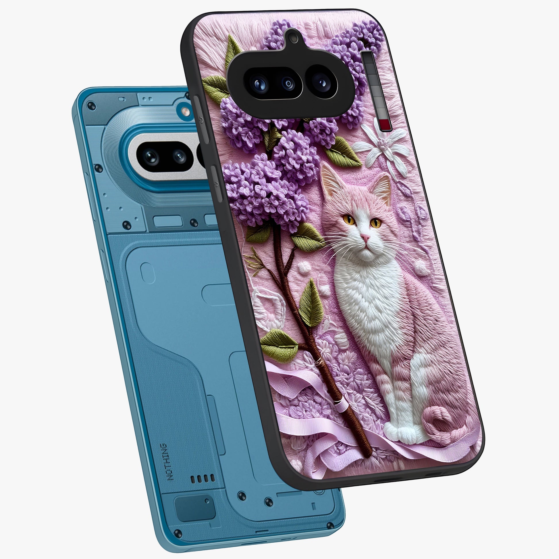 Lavender Cat Whimsy Glass Case displayed in angled mockup highlighting playful feline illustration with pastel lavender aesthetic.