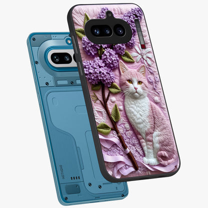 Lavender Cat Whimsy Glass Case displayed in angled mockup highlighting playful feline illustration with pastel lavender aesthetic.