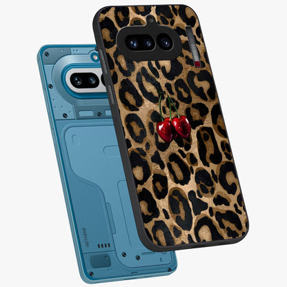 Leopard Wild Cherry Glass Case displayed in angled mockup highlighting bold animal print design with playful cherry aesthetic.