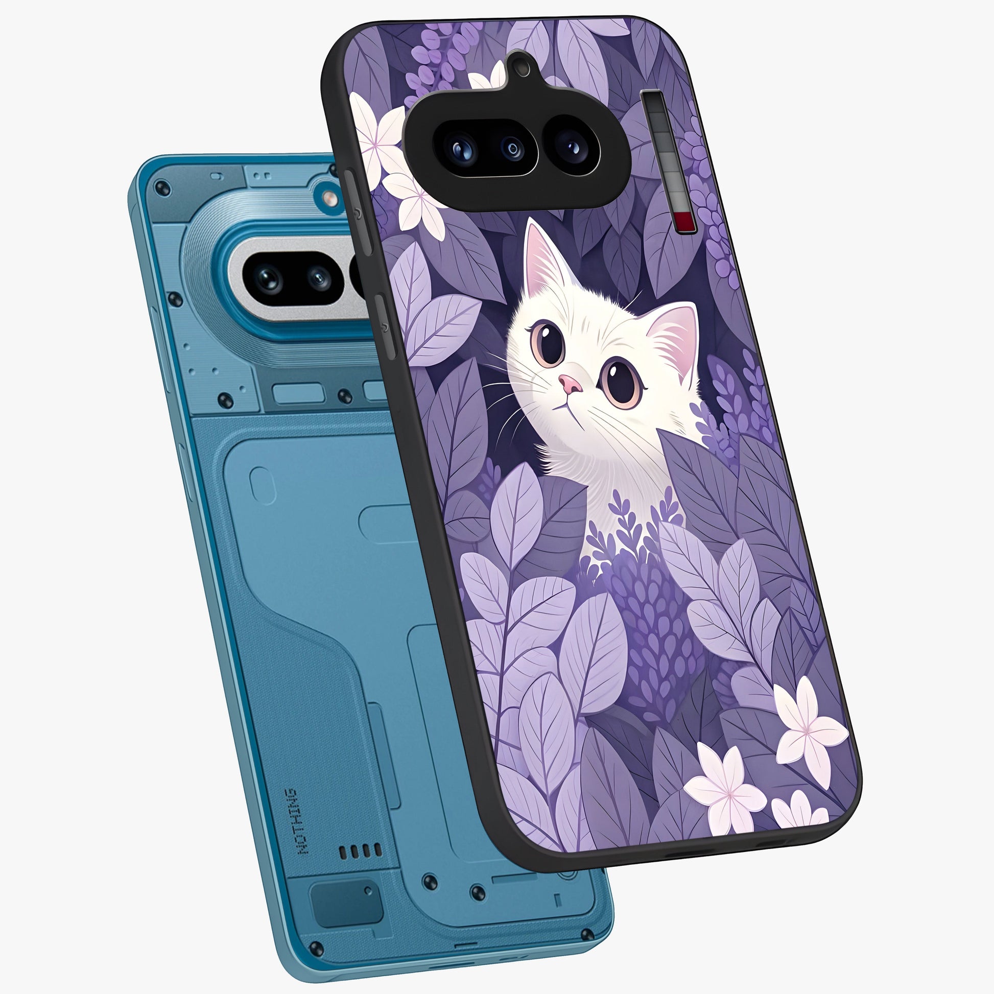 Lilac Hide Peek Cat Glass Case displayed in angled mockup highlighting playful feline illustration with lilac aesthetic design.