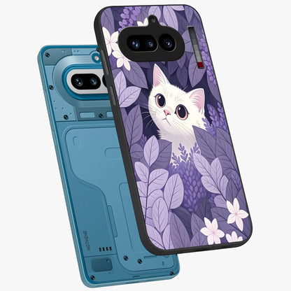 Lilac Hide Peek Cat Glass Case displayed in angled mockup highlighting playful feline illustration with lilac aesthetic design.