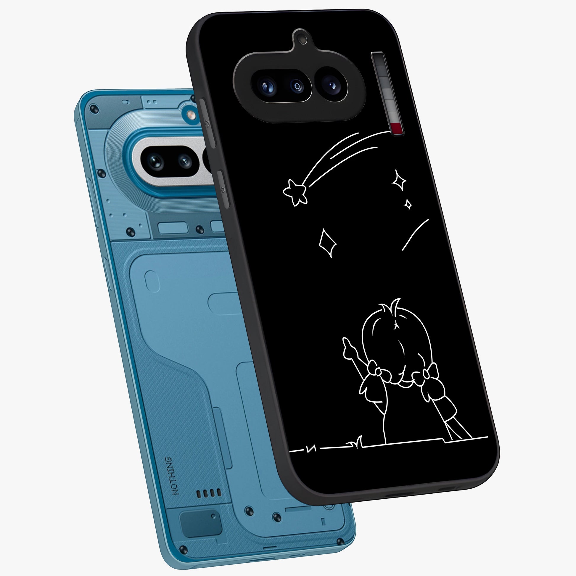 Line Art Girl With Shooting Stars Glass Case displayed in angled mockup highlighting elegant line art design with dreamy star aesthetic.