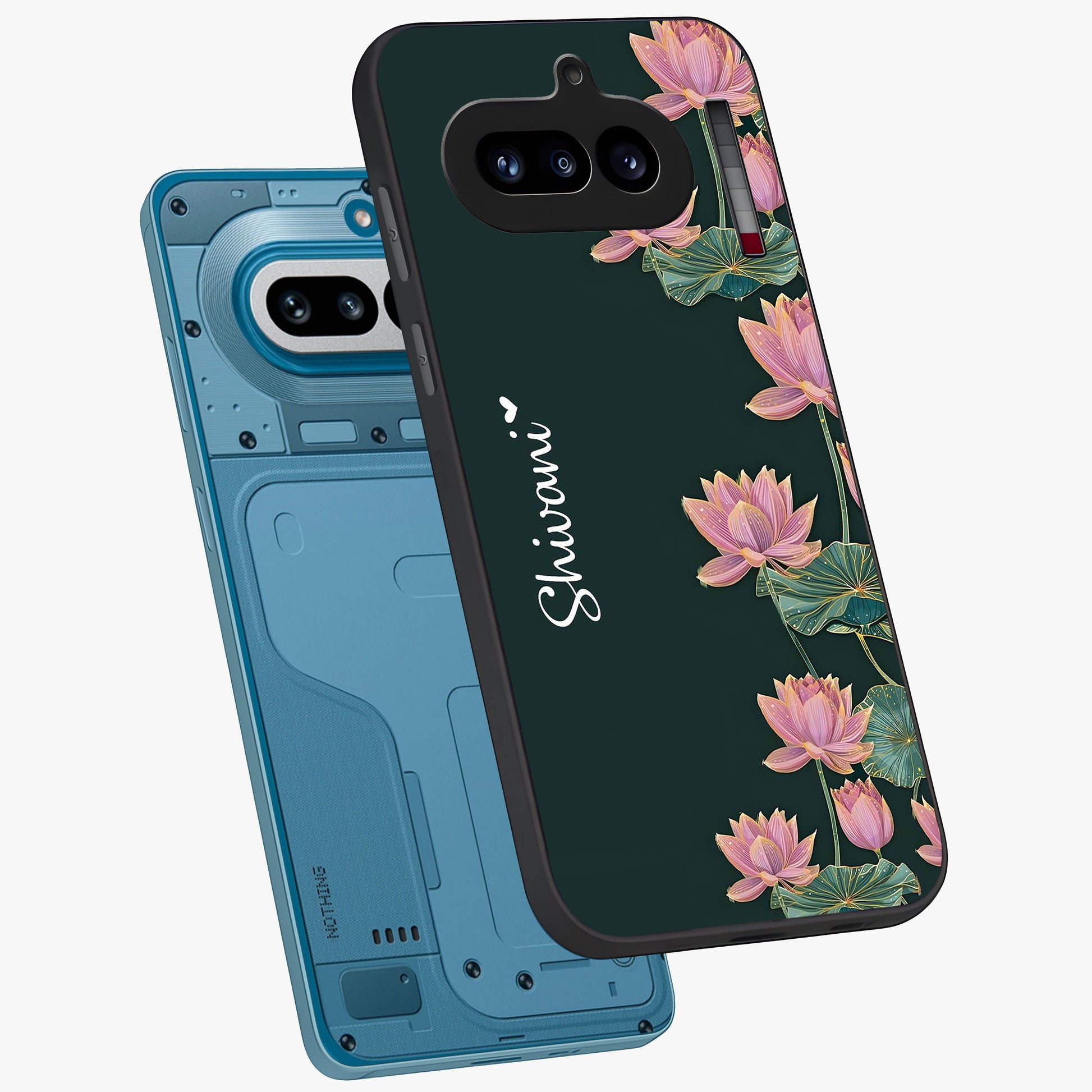 Lotus Bloom Serenity Custom Name Glass Case displayed in angled mockup highlighting graceful lotus illustration with custom name feature.