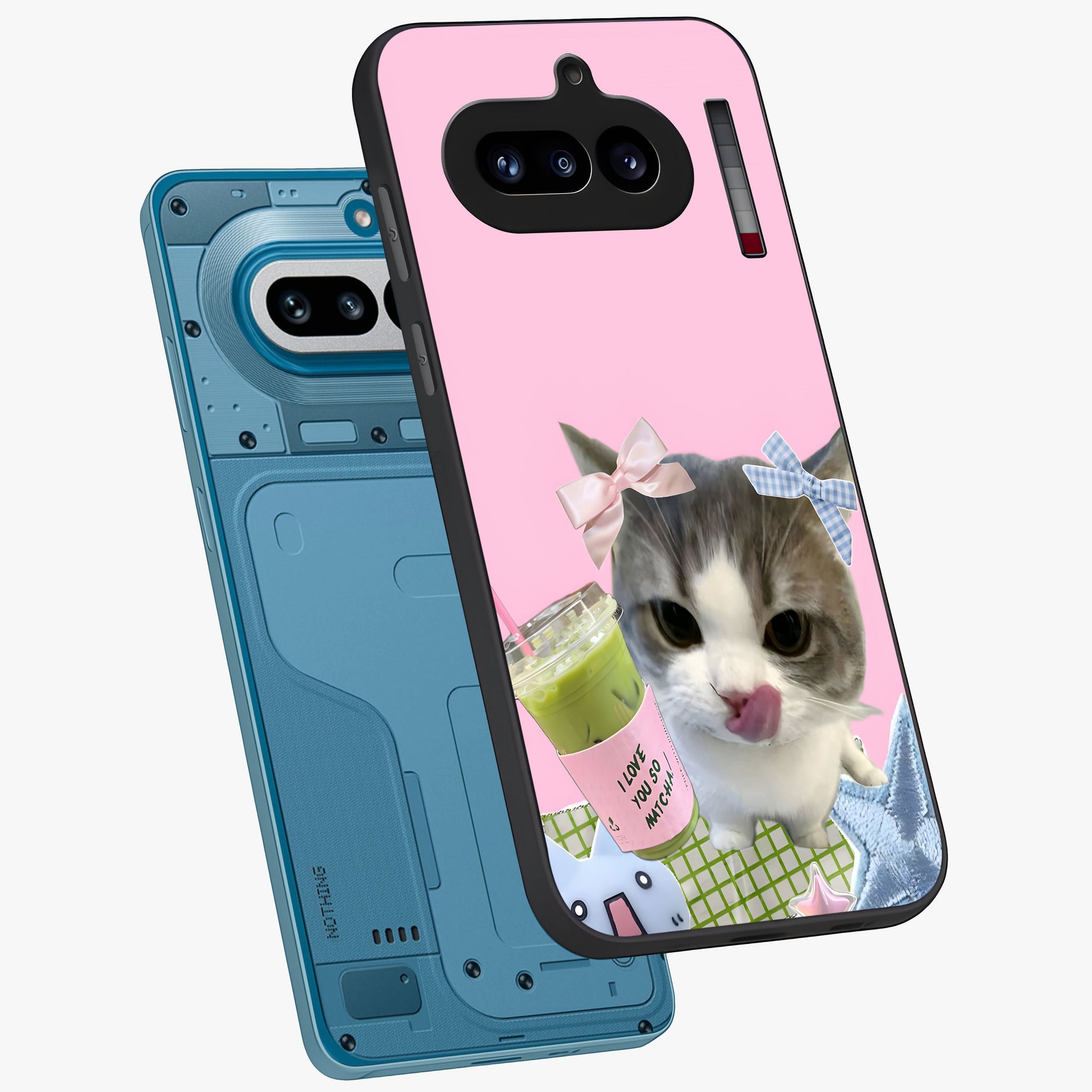 Love Matcha Cat Glass Case displayed in angled mockup highlighting playful feline illustration with cozy matcha aesthetic.