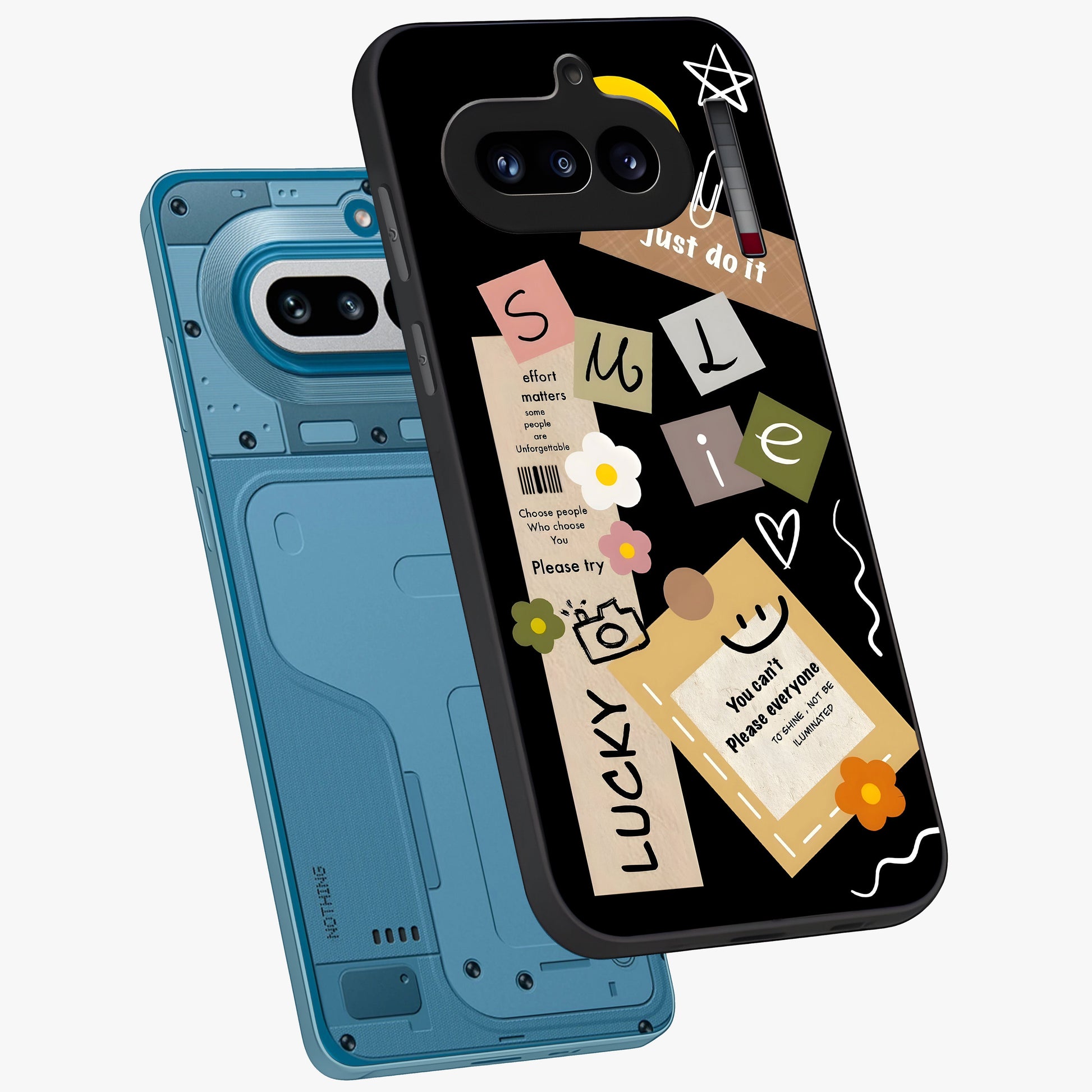 Lucky Aesthetic Collage Glass Case displayed in angled mockup highlighting stylish collage pattern with modern aesthetic vibe.