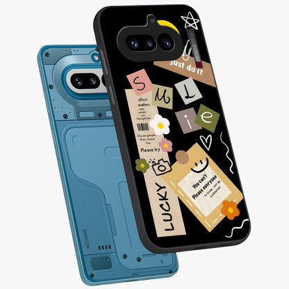 Lucky Aesthetic Collage Glass Case displayed in angled mockup highlighting stylish collage pattern with modern aesthetic vibe.