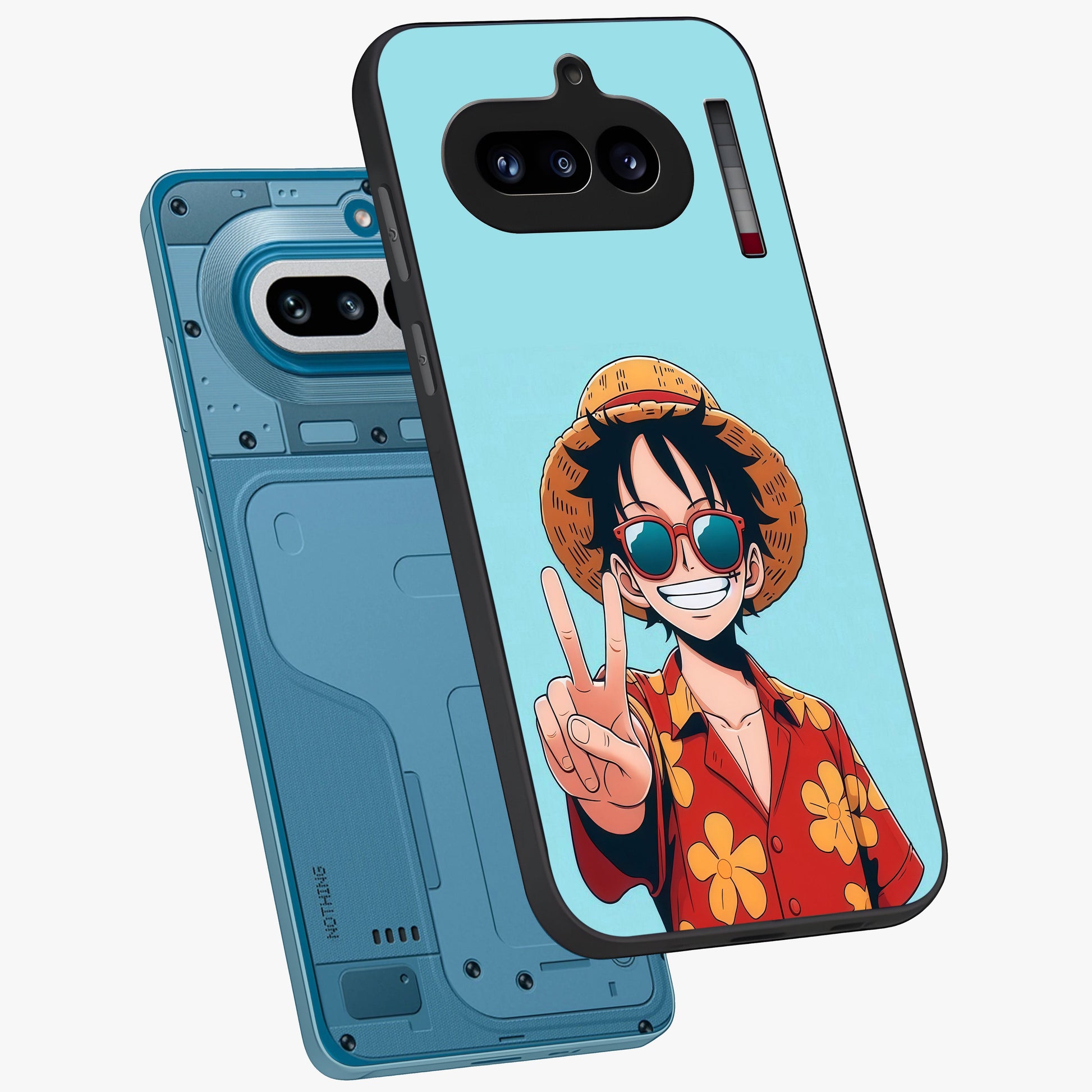 Luffy Summer Anime Vibe Glass Case displayed in angled mockup highlighting energetic anime illustration with summer vibe aesthetic.