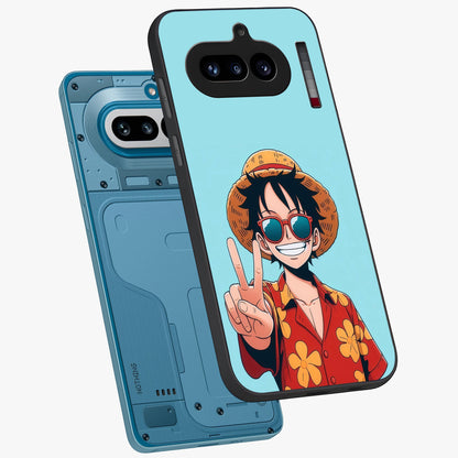 Luffy Summer Anime Vibe Glass Case displayed in angled mockup highlighting energetic anime illustration with summer vibe aesthetic.