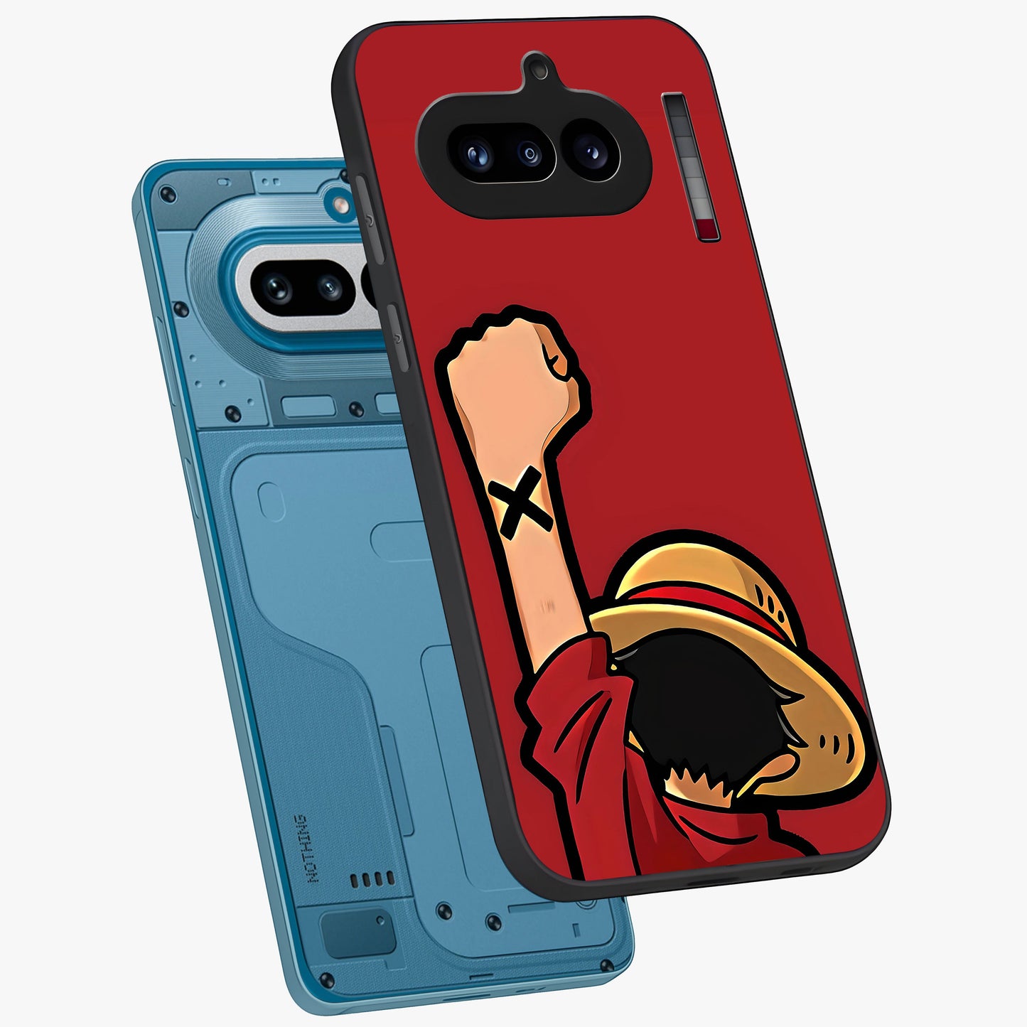 Luffy X Spirit Glass Case displayed in angled mockup highlighting powerful anime design with energetic action aesthetic.