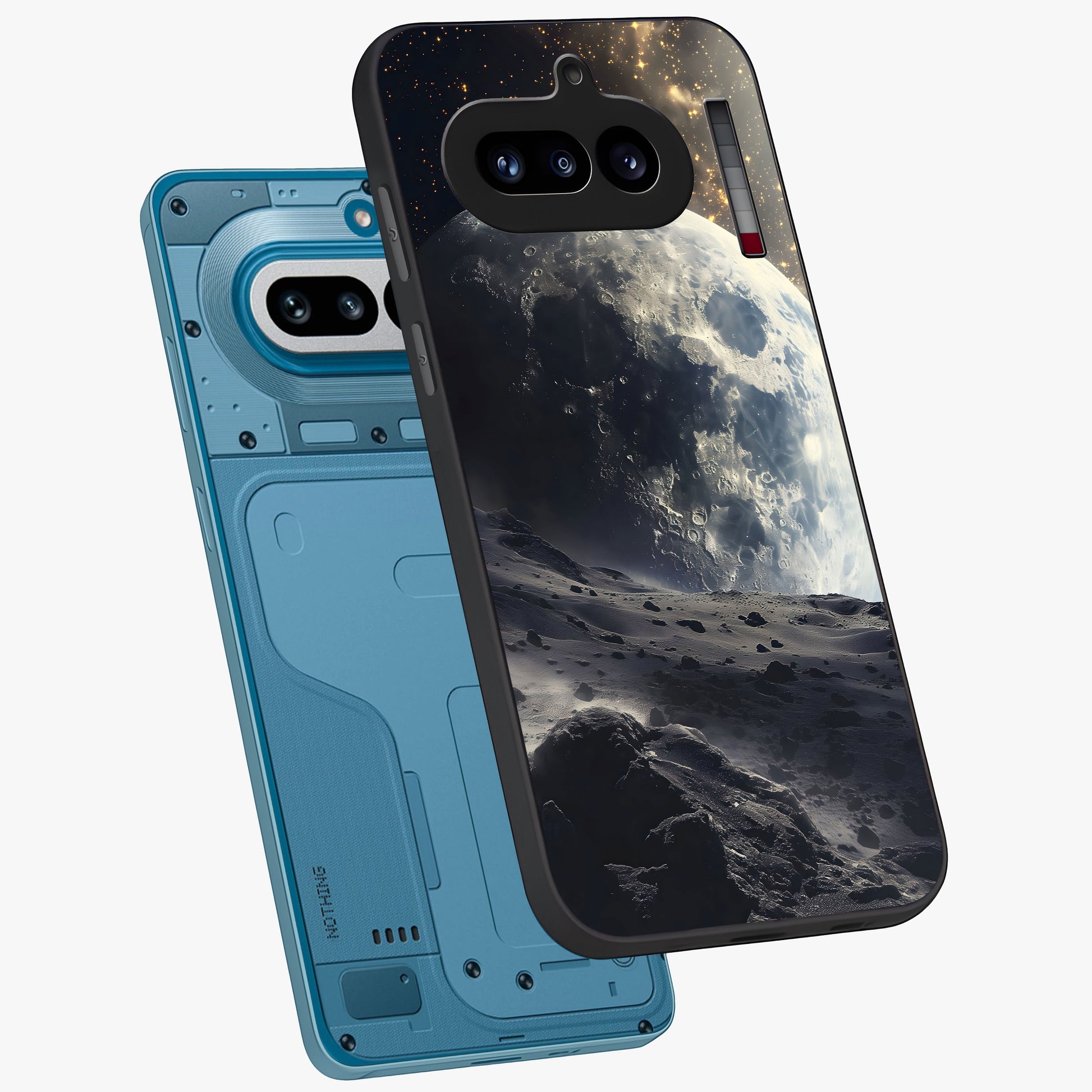 Lunar Horizon Glow Glass Case displayed in angled mockup highlighting celestial moon design with dreamy night aesthetic.
