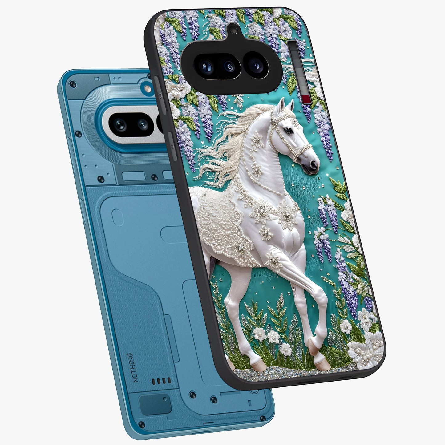 Majestic Floral Stallion Glass Case displayed in angled mockup highlighting majestic stallion illustration with elegant floral aesthetic.