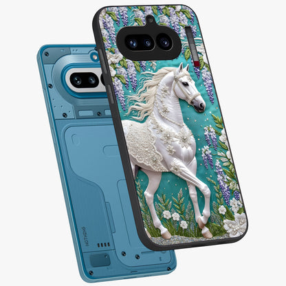 Majestic Floral Stallion Glass Case displayed in angled mockup highlighting majestic stallion illustration with elegant floral aesthetic.
