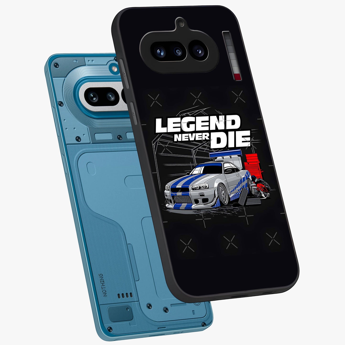 Midnight Racing Legacy Glass Case displayed in angled mockup highlighting dynamic automotive design with bold midnight aesthetic.