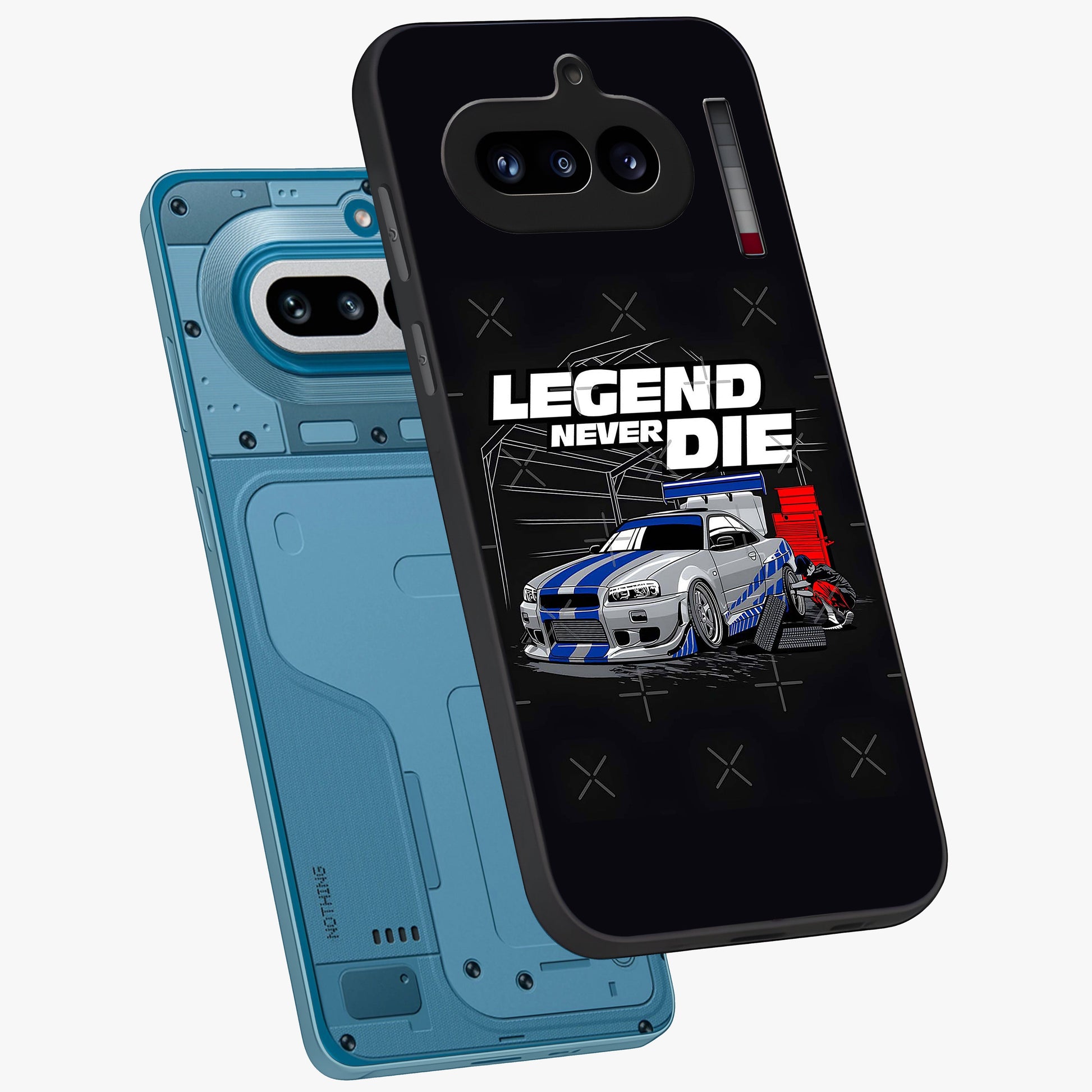 Midnight Racing Legacy Glass Case displayed in angled mockup highlighting dynamic automotive design with bold midnight aesthetic.