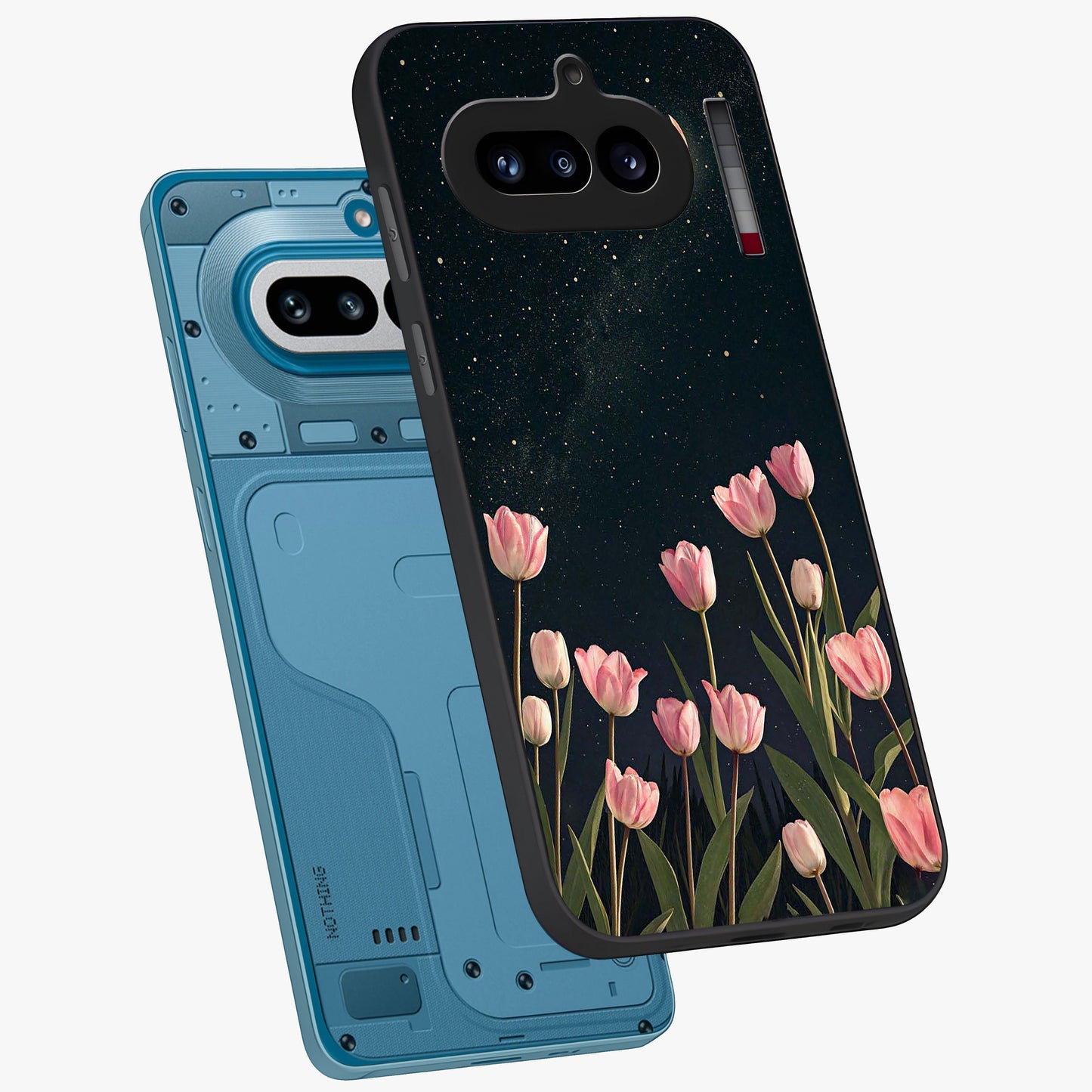Midnight Tulip Whispers Vibe Glass Case displayed in angled mockup highlighting delicate tulip design with midnight floral aesthetic.