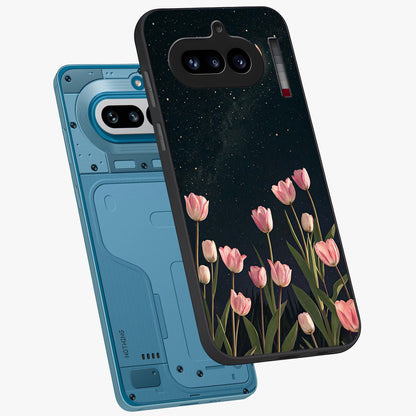 Midnight Tulip Whispers Vibe Glass Case displayed in angled mockup highlighting delicate tulip design with midnight floral aesthetic.