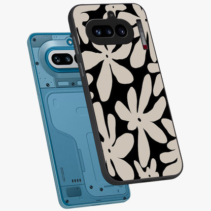 Monochrome Petal Dance Glass Case displayed in angled mockup highlighting elegant petal design with black and white aesthetic.