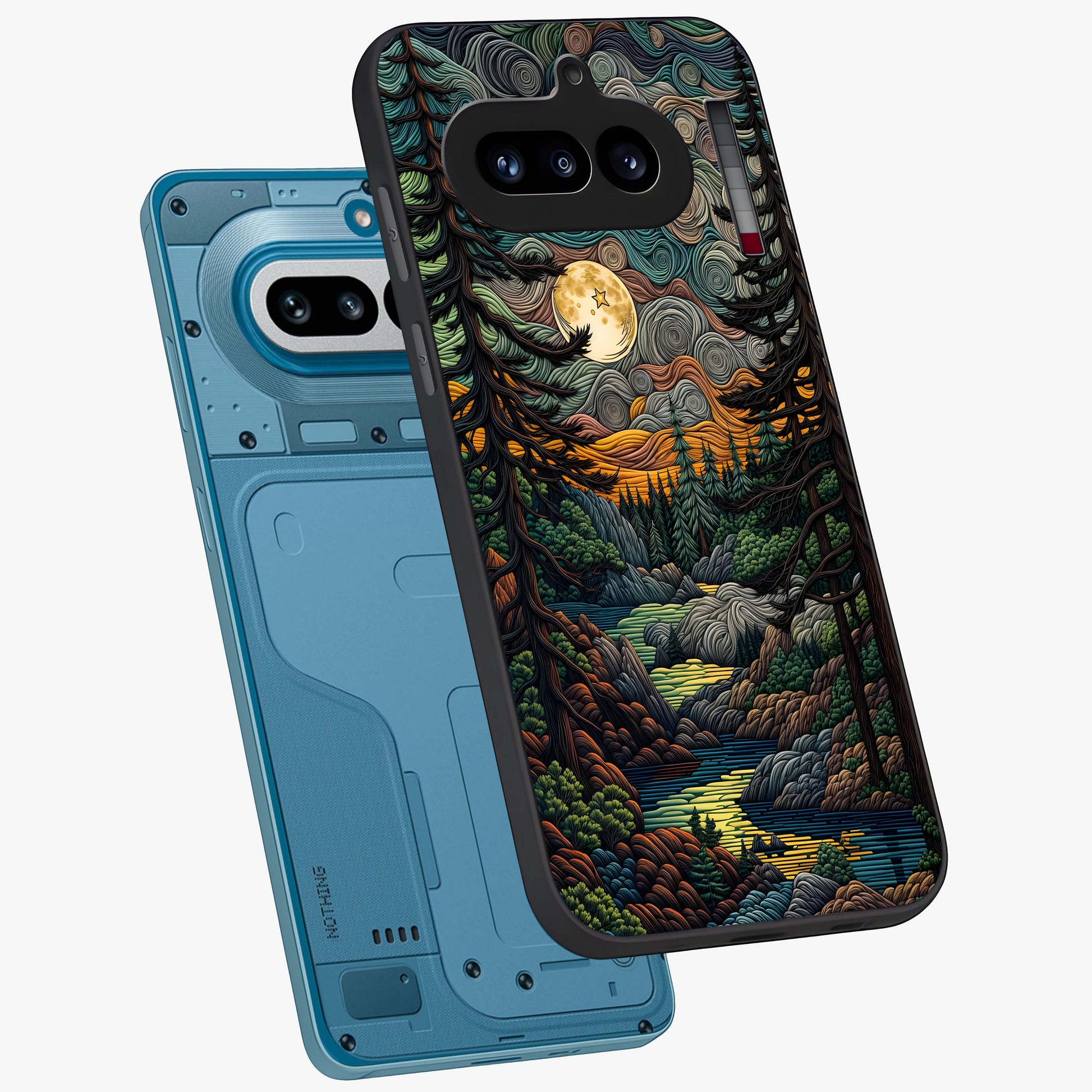Moonlight Forest Dream Glass Case displayed in angled mockup highlighting dreamy forest design with glowing moon aesthetic.