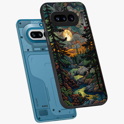 Moonlight Forest Dream Glass Case displayed in angled mockup highlighting dreamy forest design with glowing moon aesthetic.