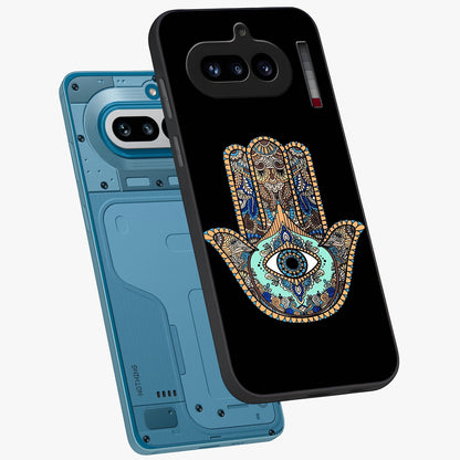 Mystic Hamsa Eye Glass Case displayed in angled mockup highlighting spiritual hamsa symbol with mystical aesthetic style.