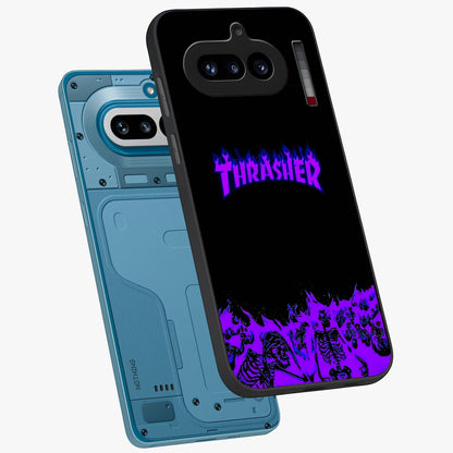Neon Flame Riot Glass Case displayed in angled mockup highlighting glowing flame design with vibrant neon aesthetic.