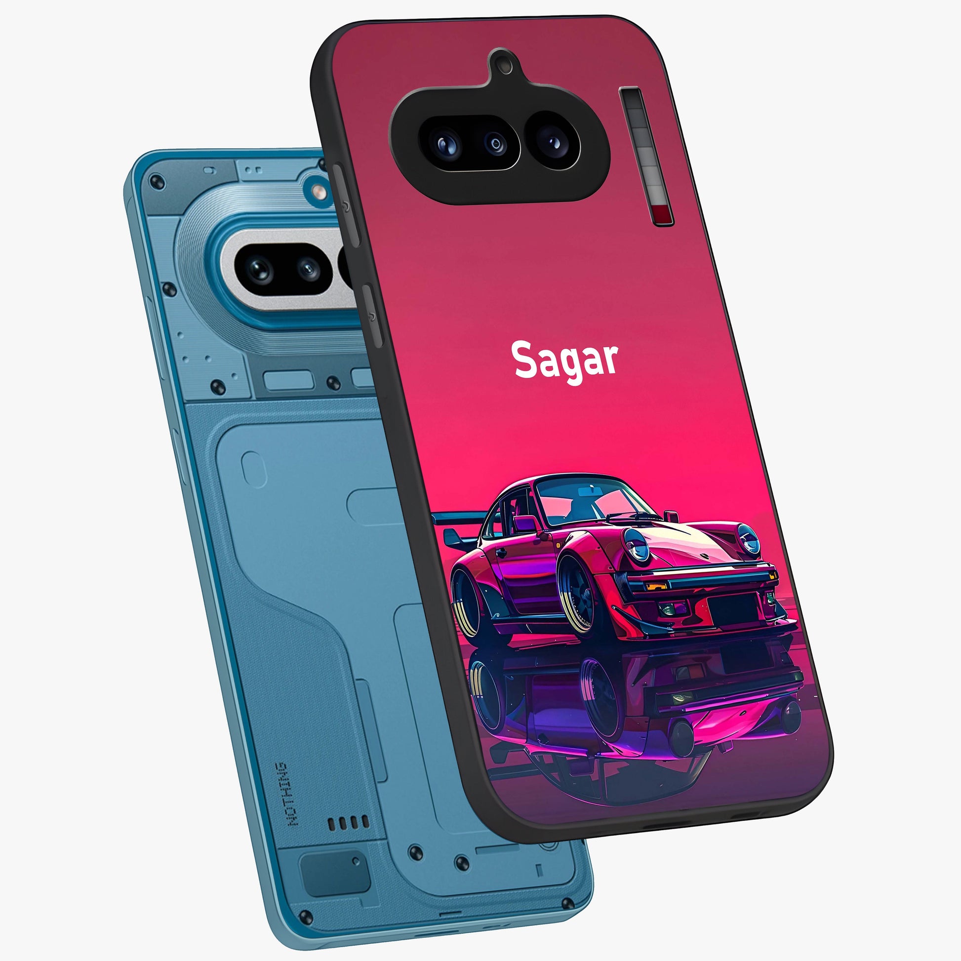 Neon Pink Porsche Glass Case displayed in angled mockup highlighting sleek neon pink car design with racing aesthetic.