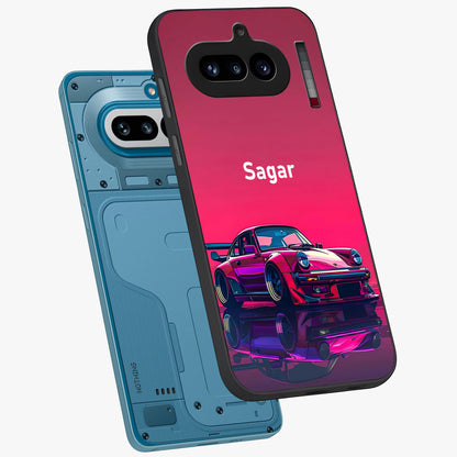 Neon Pink Porsche Glass Case displayed in angled mockup highlighting sleek neon pink car design with racing aesthetic.