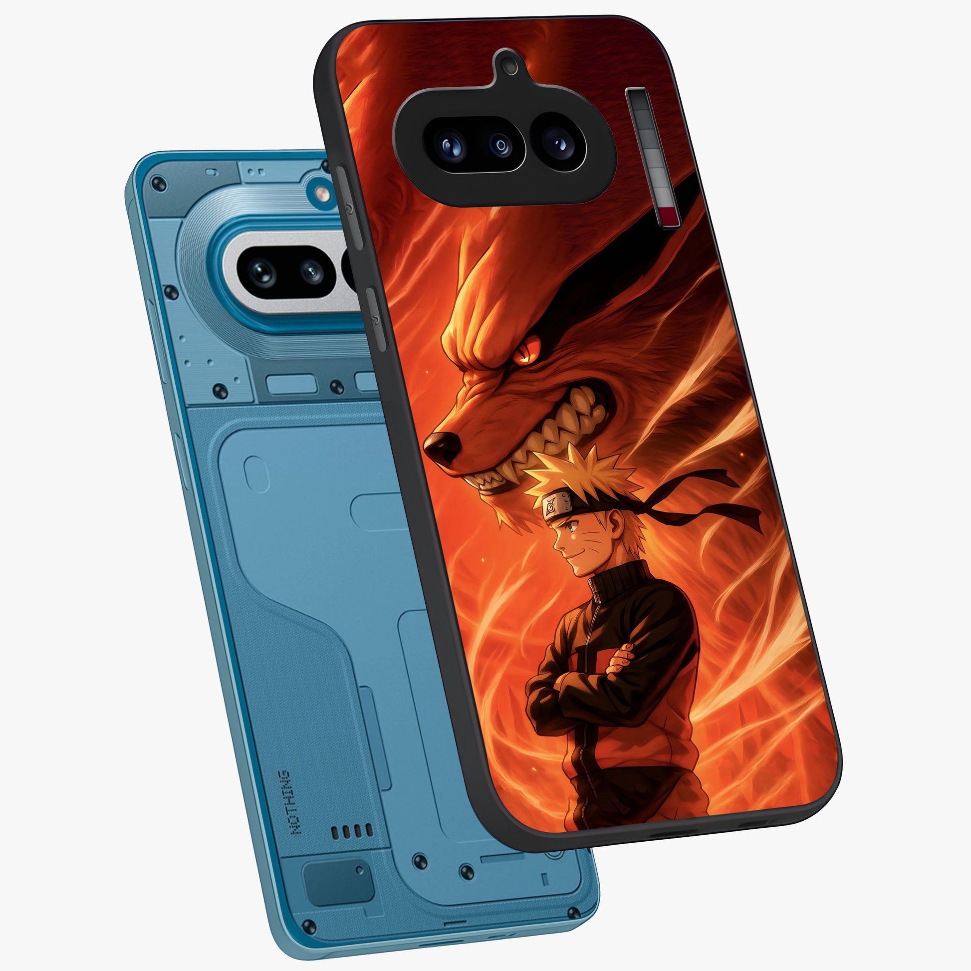 Nine Tails Legacy Glass Case displayed in angled mockup highlighting dynamic anime beast illustration with bold mystical aesthetic.